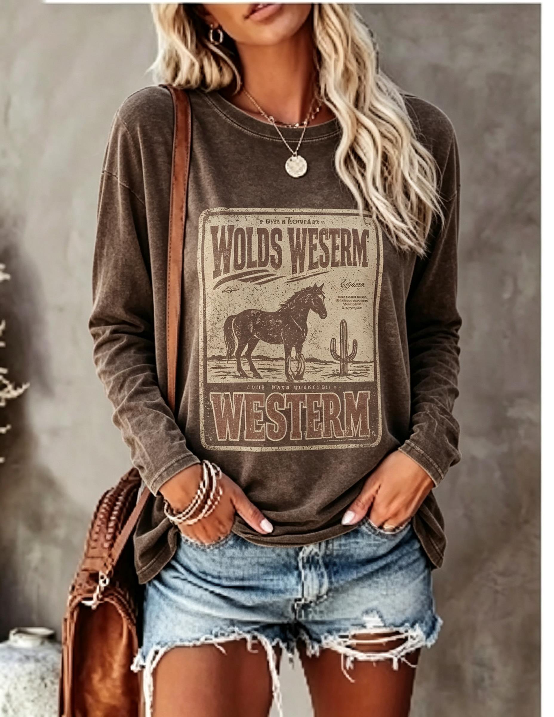 Winter Clothing For Women - Kadın Uzun Kollu Tişört, Vintage Batı
